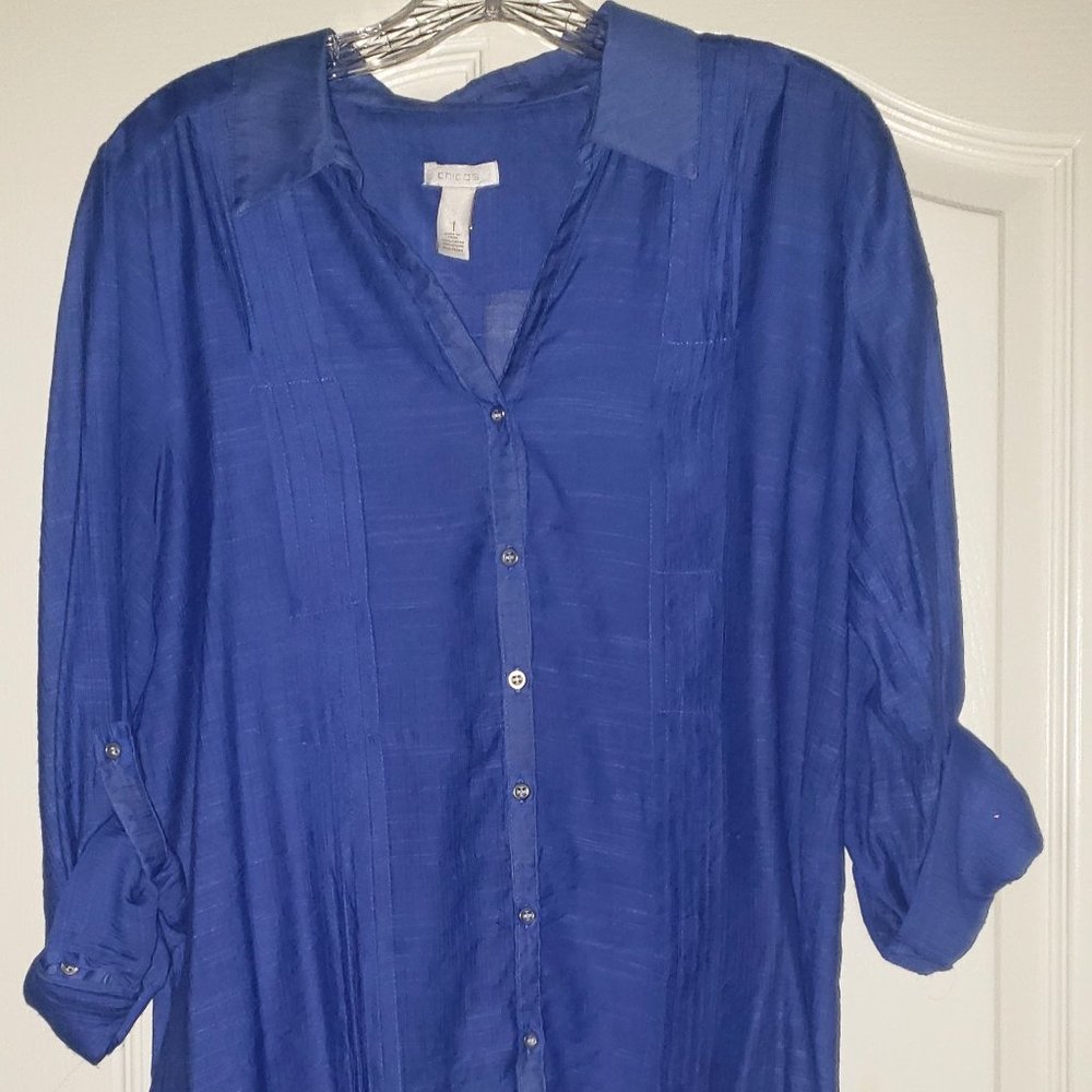 Chico's 1 Royal Blue Semi-Sheer Pleated Button-Down Shirt rayon top